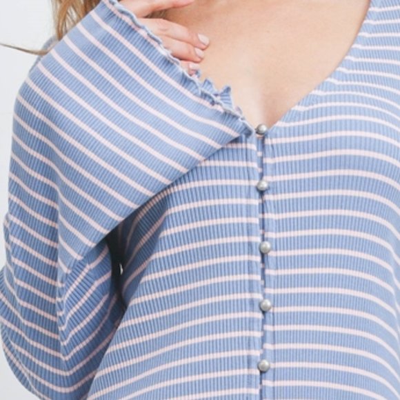 Ribbed Stripe Dress Front Button Bell Sleeve Dress - Picture 4 of 8